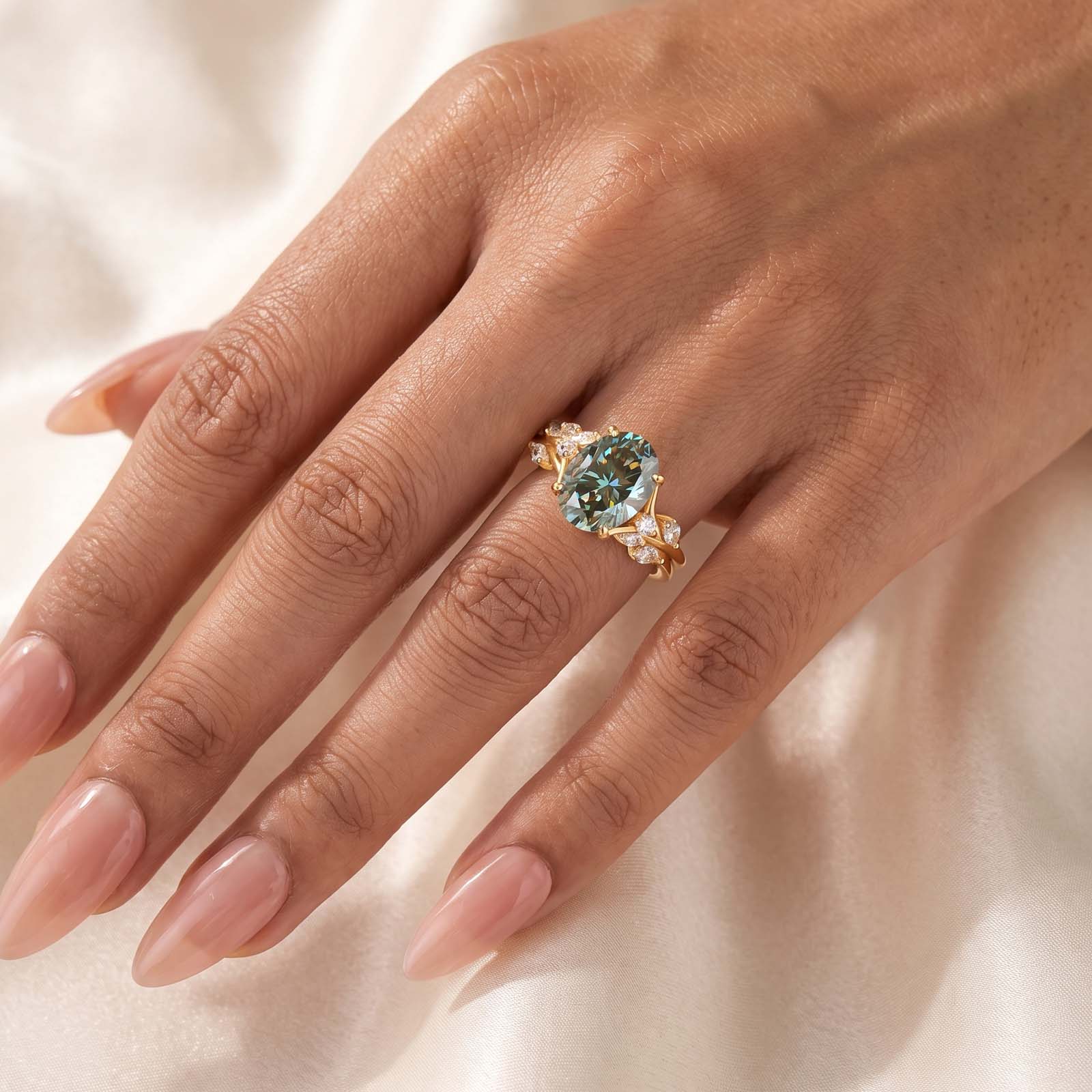 S925 Moissanite 3.5 Oval Vine Green Stone Nature-Inspired Ring For Daily Wear