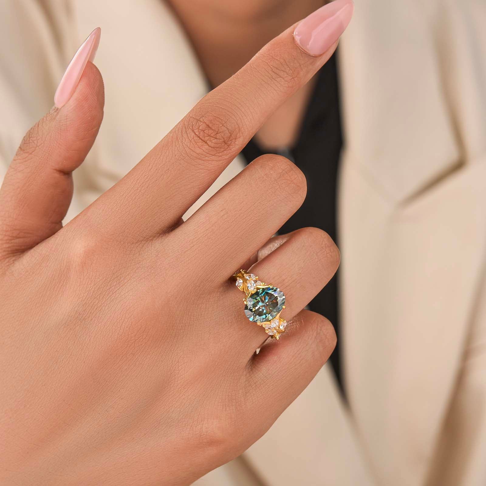 S925 Moissanite 3.5 Oval Vine Green Stone Nature-Inspired Ring For Daily Wear