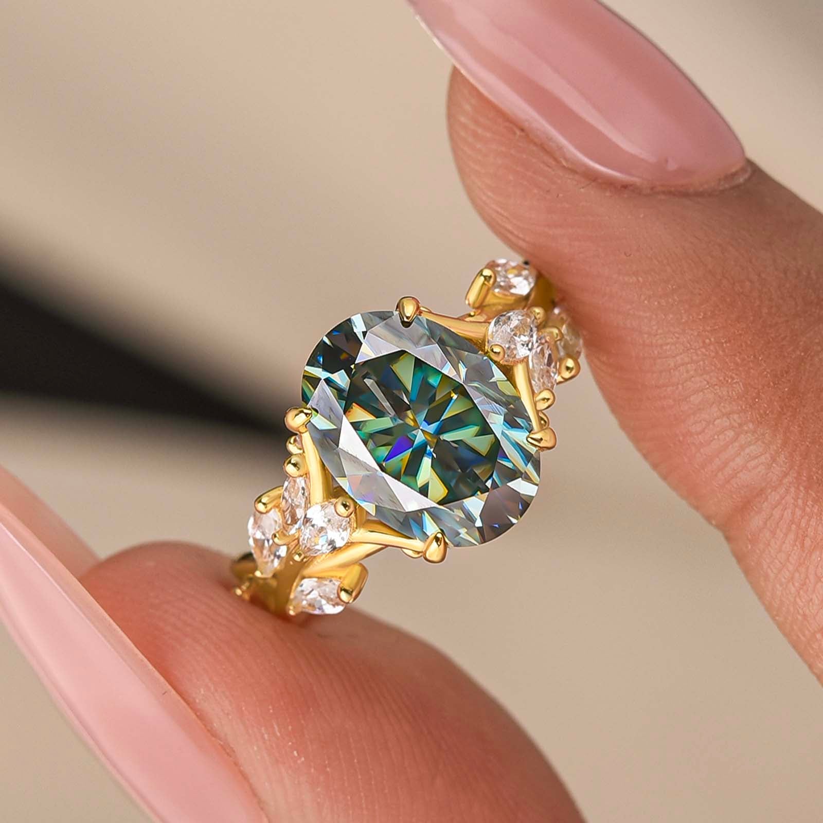 S925 Moissanite 3.5 Oval Vine Green Stone Nature-Inspired Ring For Daily Wear