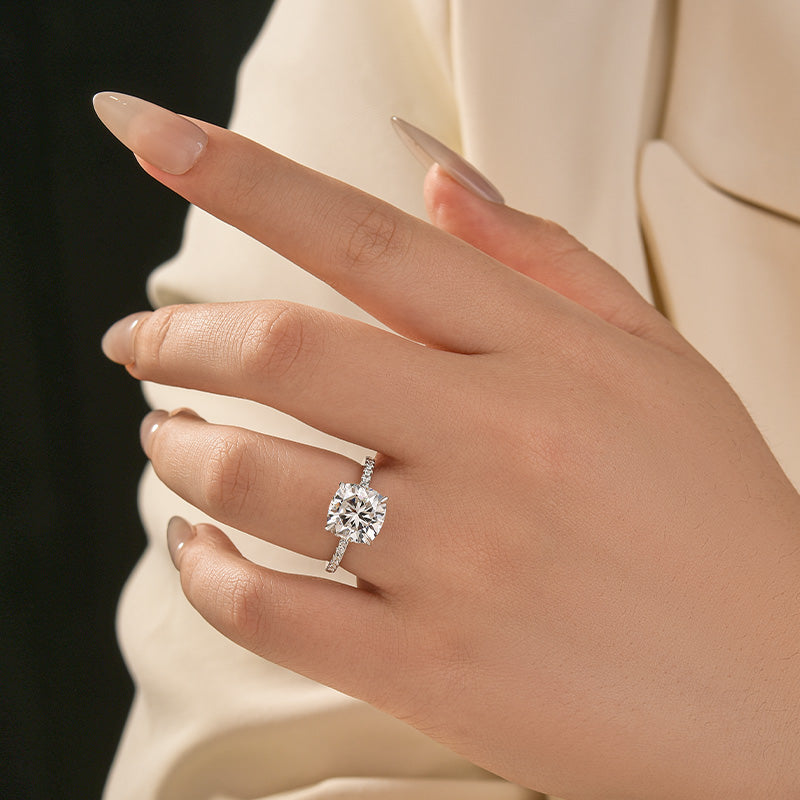 S925 Moissanite 3.5Ct Cushion Cut Hidden Halo Engagement Ring in Sterling Silver