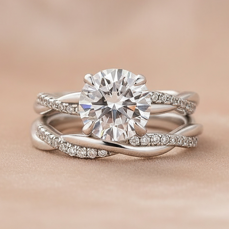 S925 Moissanite 2.0 Ct Twist White Gold Pave Wedding Ring Set