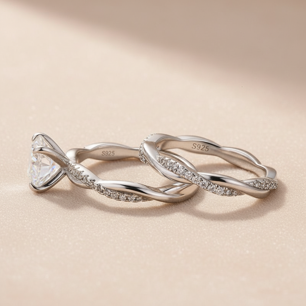 S925 Moissanite 2.0 Ct Twist White Gold Pave Wedding Ring Set