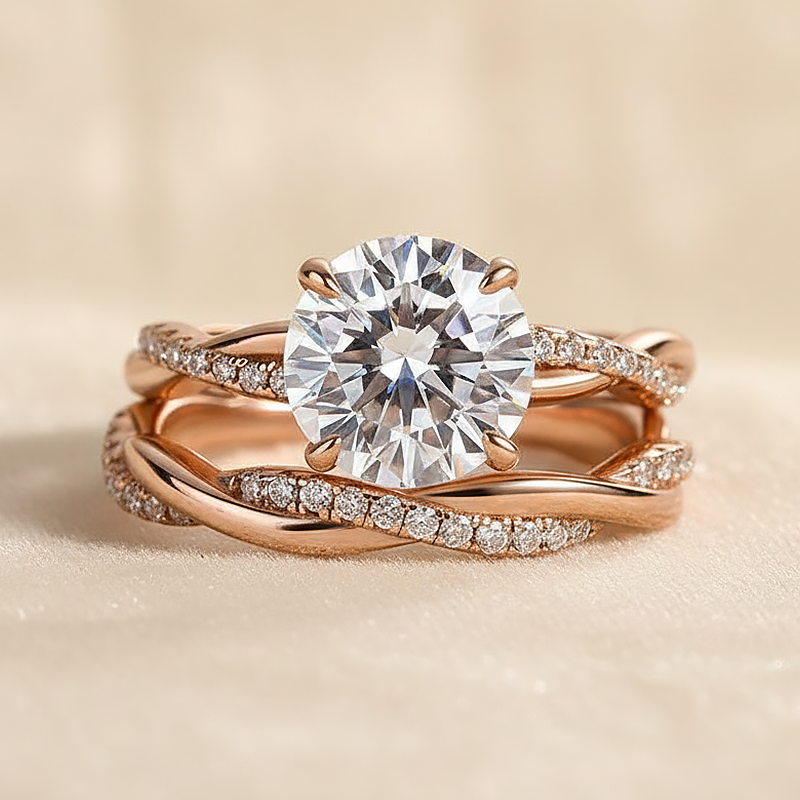 S925 Moissanite 2.0 Ct Twist Rose Gold Pave Wedding Ring Set