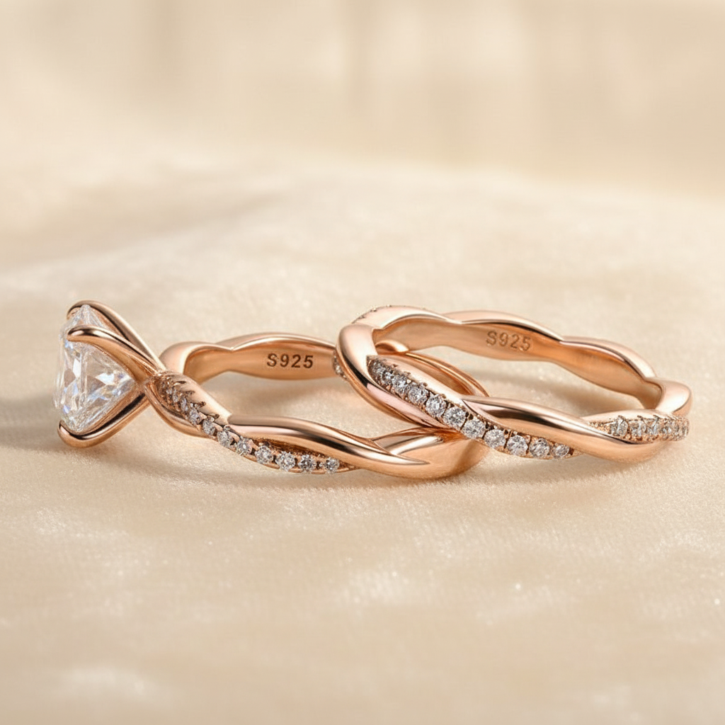 S925 Moissanite 2.0 Ct Twist Rose Gold Pave Wedding Ring Set