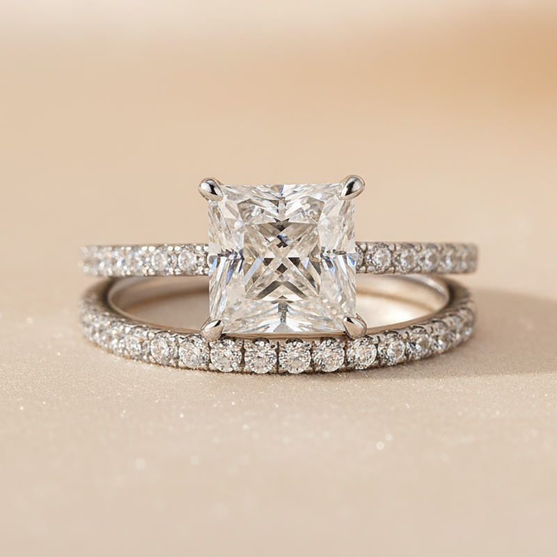 S925 Moissanite 2.0 Ct Princess Cut Wedding Ring Set For Women