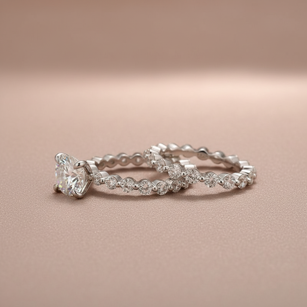 S925 Moissanite 2.0 Ct Round Cut White Gold Wedding Ring Set With Eternity Wedding Band