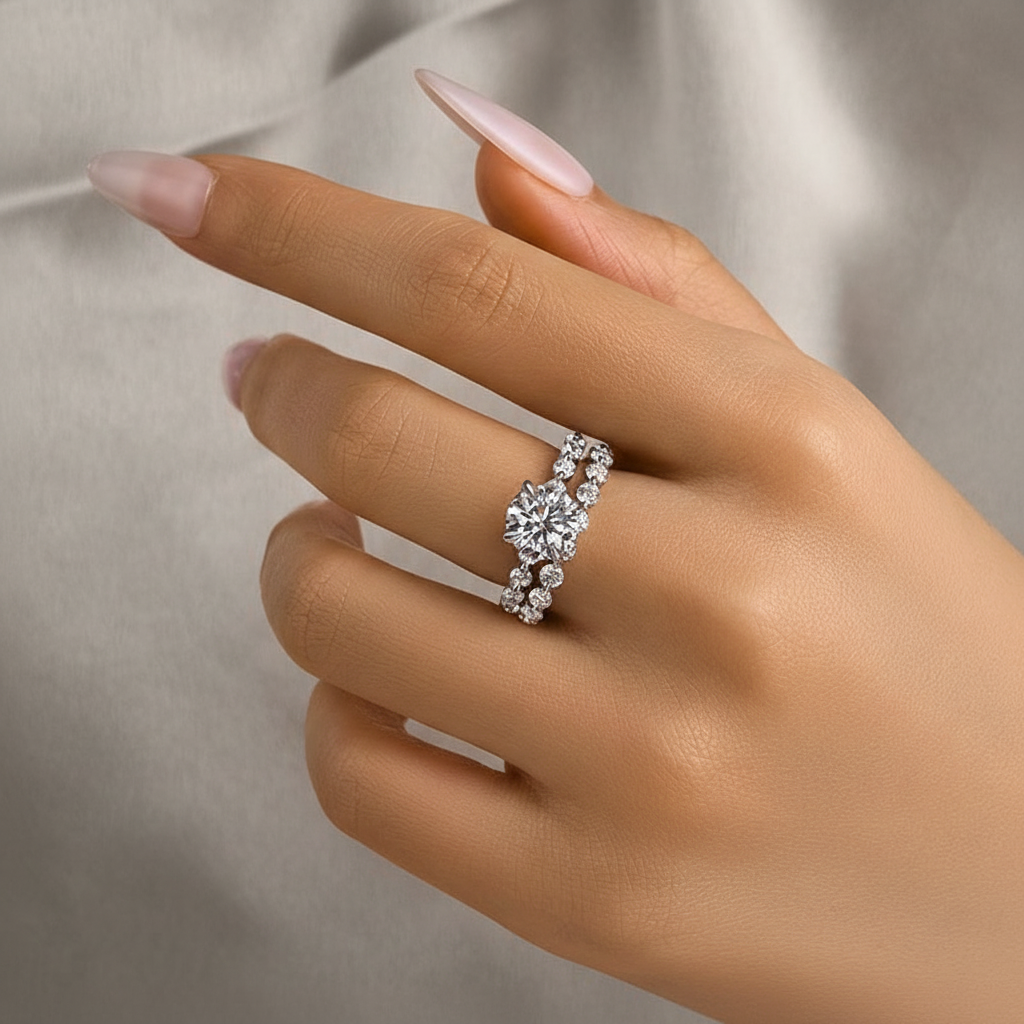 S925 Moissanite 2.0 Ct Round Cut White Gold Wedding Ring Set With Eternity Wedding Band