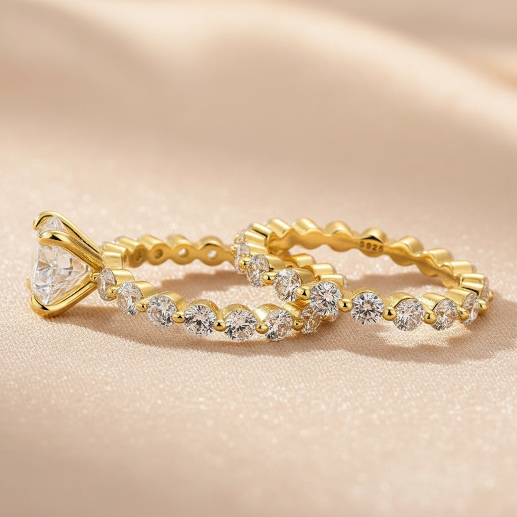 S925 Moissanite 2.0 Ct Round Cut Yellow Gold Wedding Ring Set With Eternity Wedding Band
