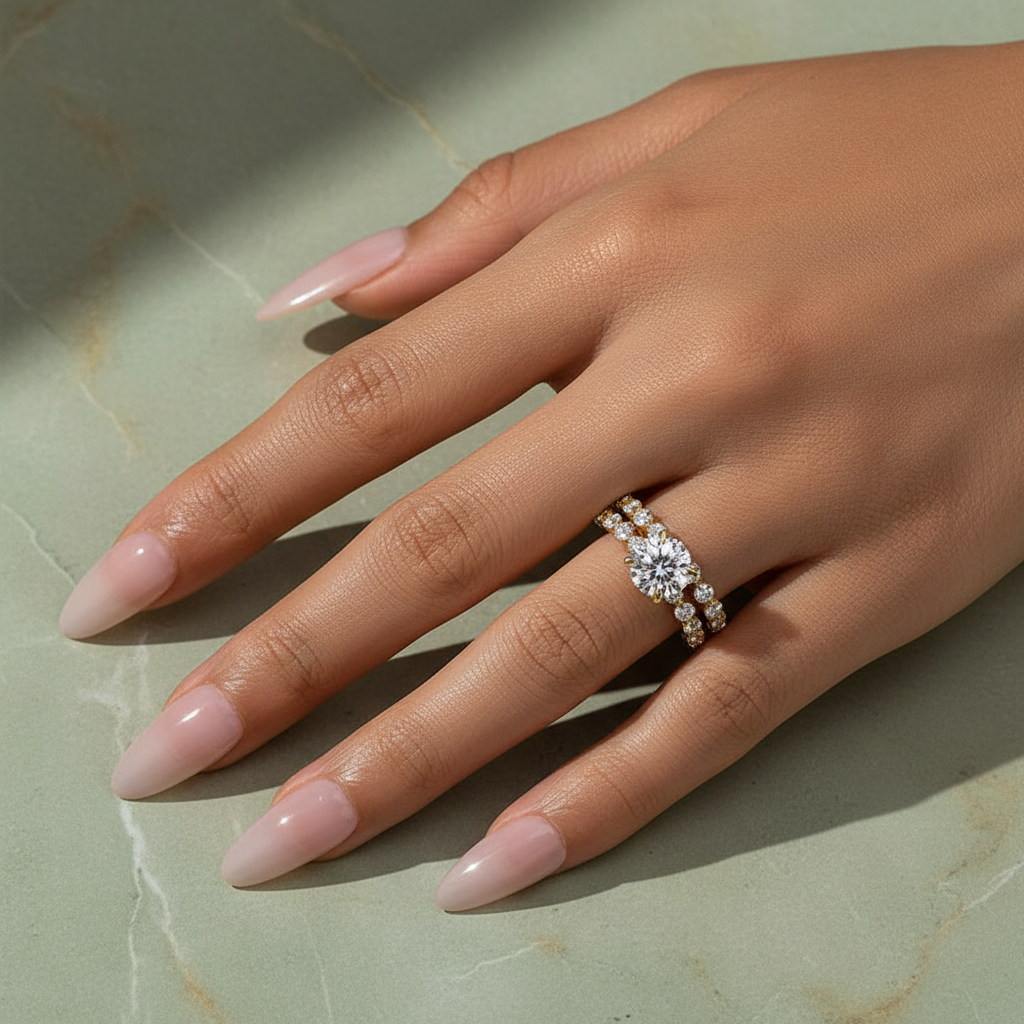 S925 Moissanite 2.0 Ct Round Cut Yellow Gold Wedding Ring Set With Eternity Wedding Band