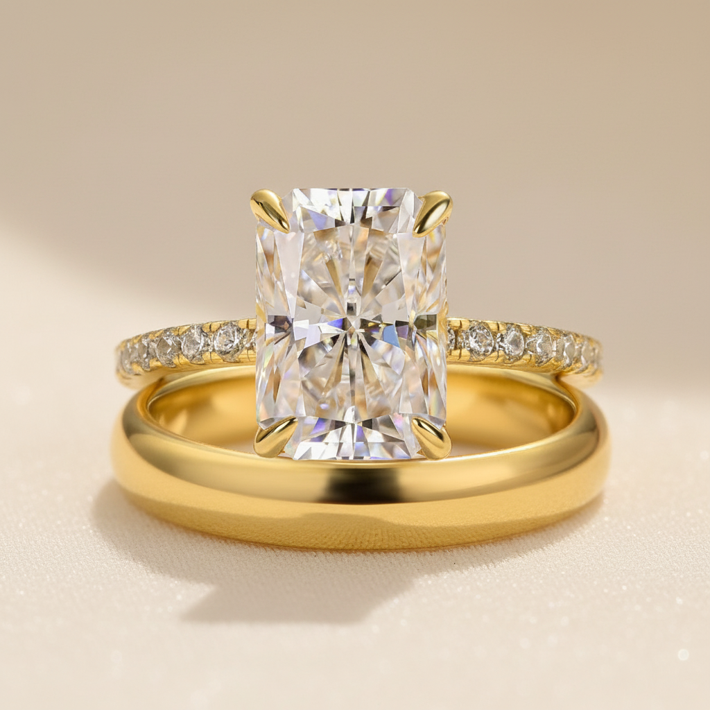 S925 Moissanite 3.5 Ct Radiant Cut Yellow Gold Wedding Ring Set with Wide Band
