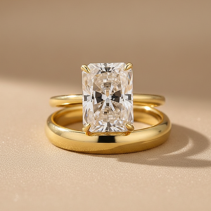 S925 Moissanite 4.5 Ct Radiant Cut Yellow Gold Wedding Ring Set with Wide Band
