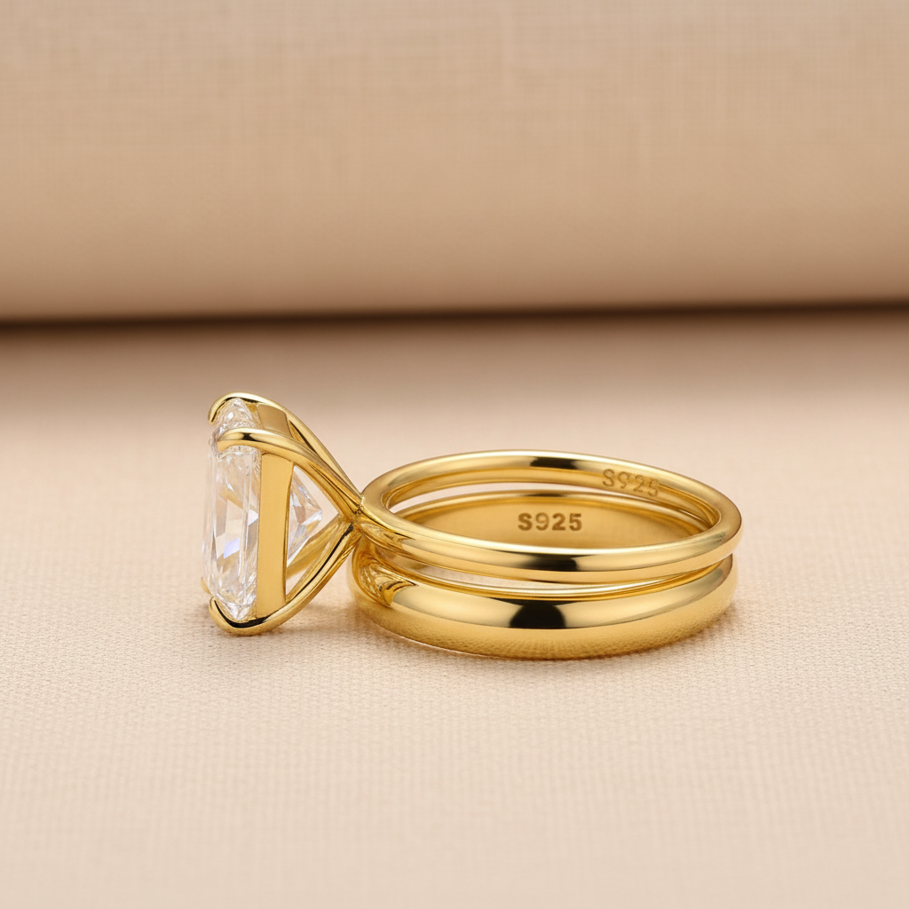 S925 Moissanite 4.5 Ct Radiant Cut Yellow Gold Wedding Ring Set with Wide Band