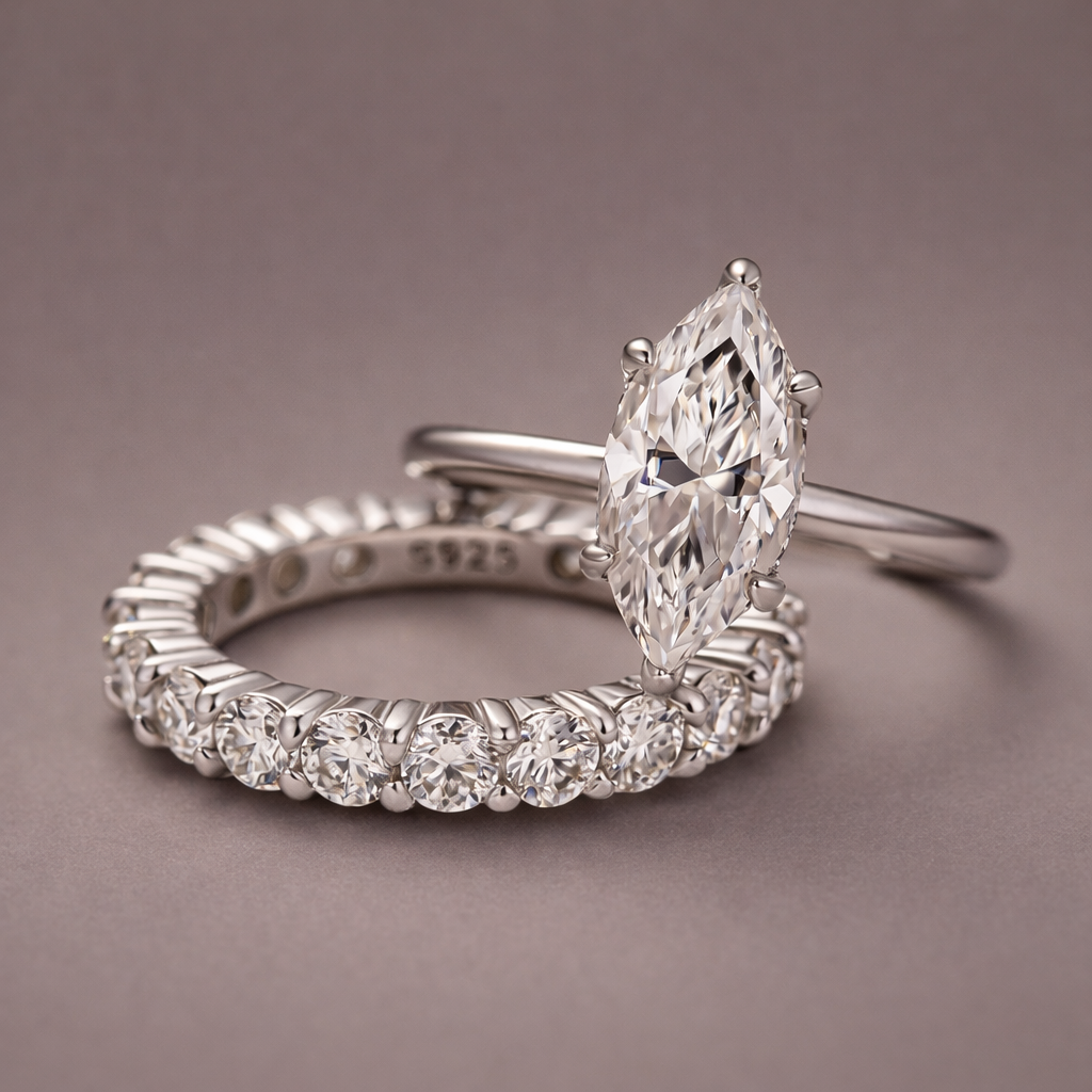 Moissanite 2.0Ct Marquise Cut Solitaire White Gold Engagement Ring with Pavé Eternity Ring