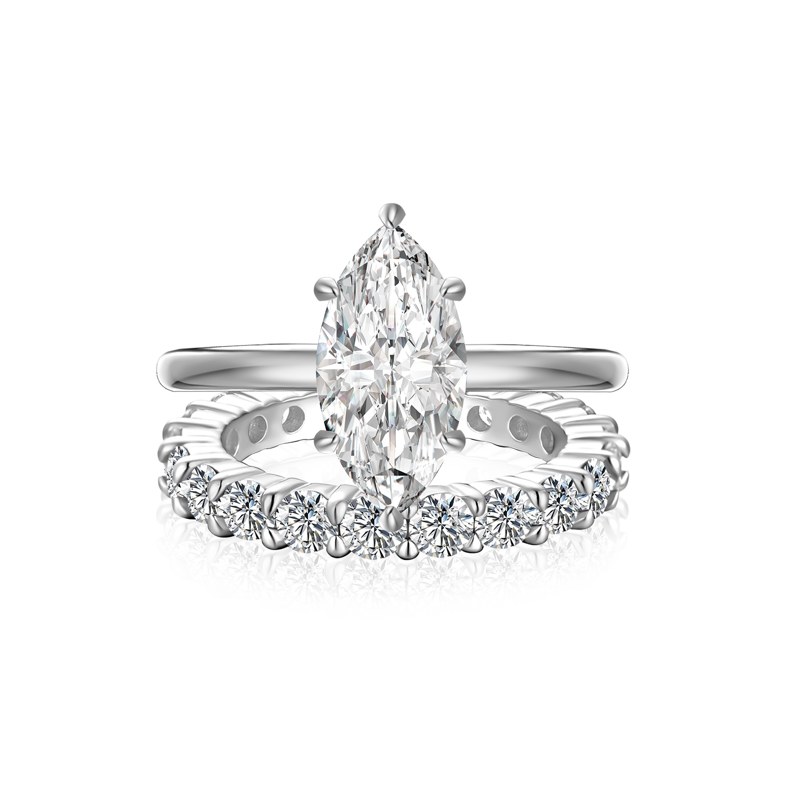 S925 Moissanite 2.0Ct Marquise Cut Hidden Halo White Gold Engagement Ring with Pavé Eternity Ring