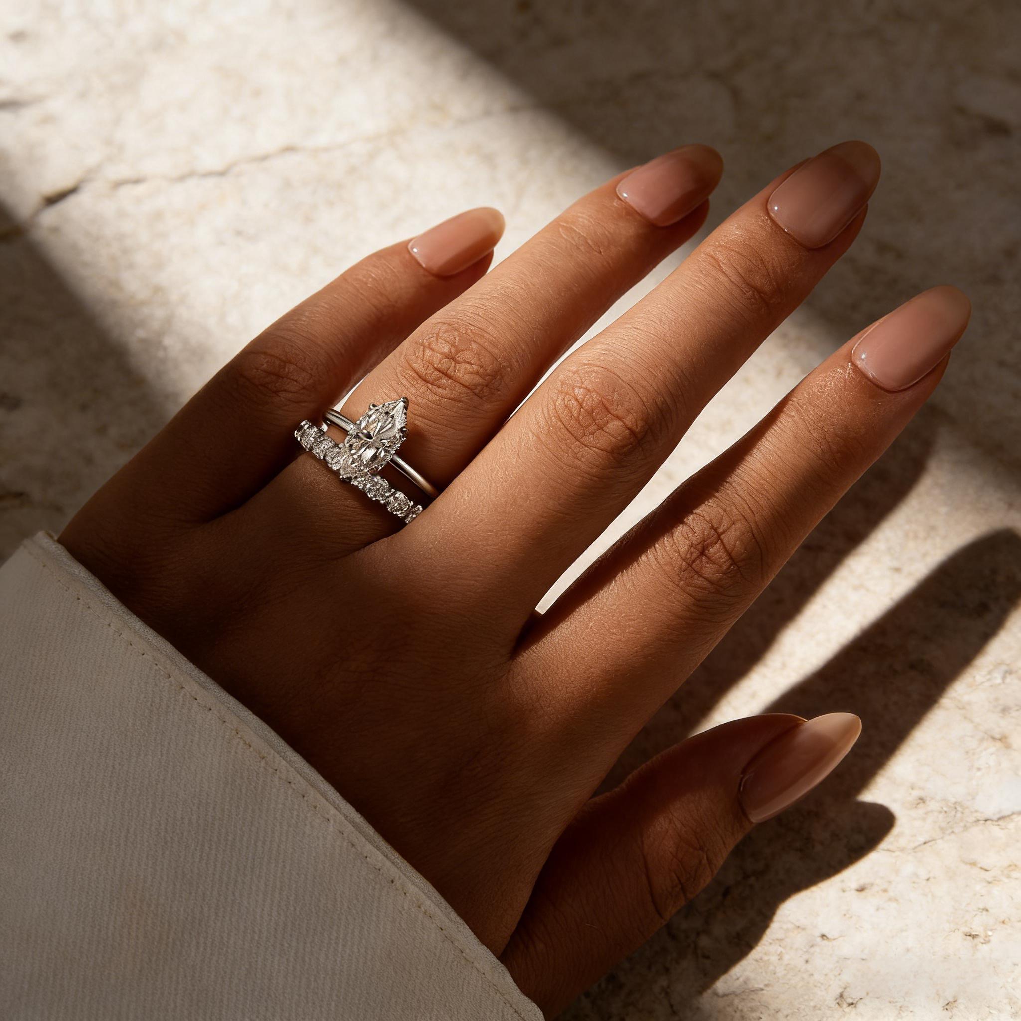 Moissanite 2.0Ct Marquise Cut Solitaire White Gold Engagement Ring with Pavé Eternity Ring