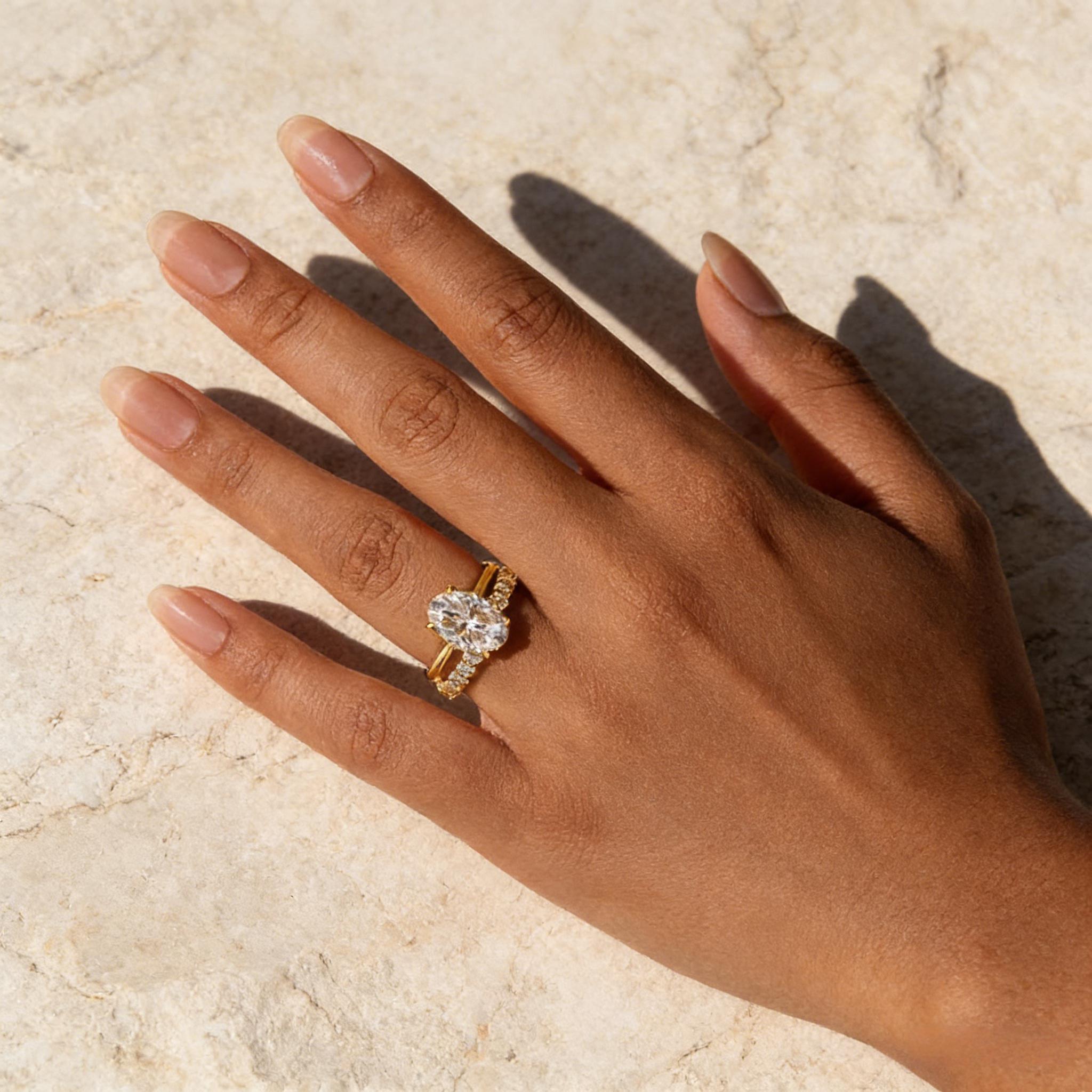 Moissanite 4.0 Ct Oval Cut Yellow Gold Engagement Ring with Oval Cut Eternity Ring