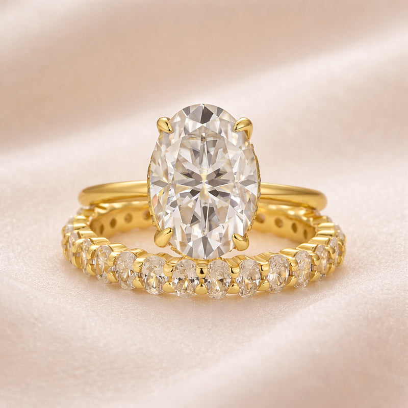 Moissanite 4.0 Ct Oval Cut Yellow Gold Engagement Ring with Oval Cut Eternity Ring
