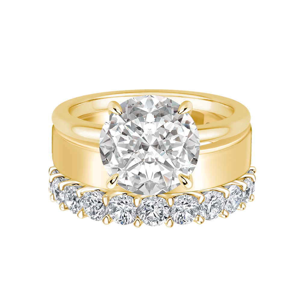 Gelovely Moissanite 2.0 Ct Round Cut Yellow Gold Wedding Ring Set with Wide Band