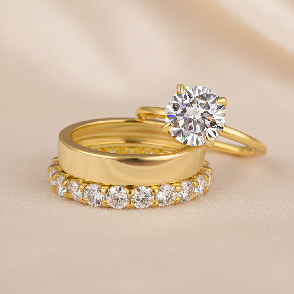 Gelovely Moissanite 2.0 Ct Round Cut Yellow Gold Wedding Ring Set with Wide Band