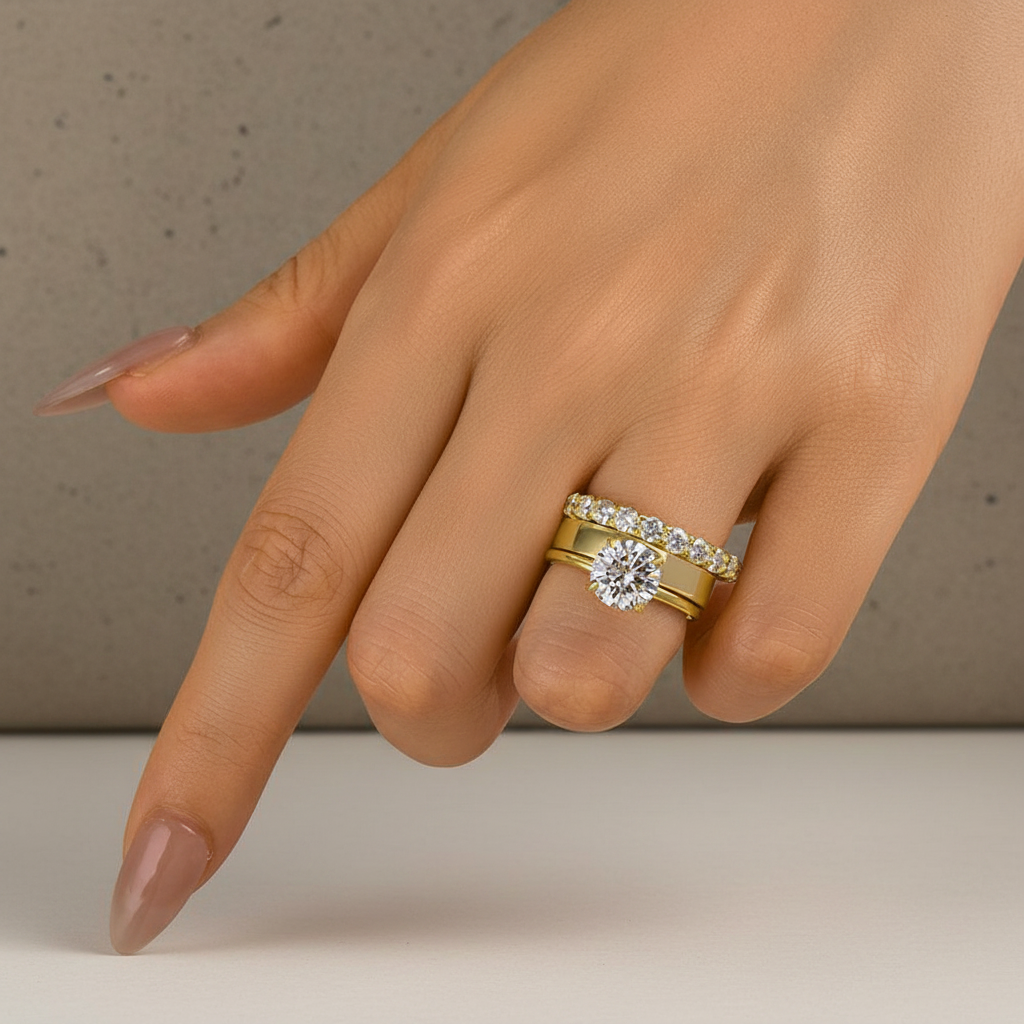 Gelovely Moissanite 2.0 Ct Round Cut Yellow Gold Wedding Ring Set with Wide Band