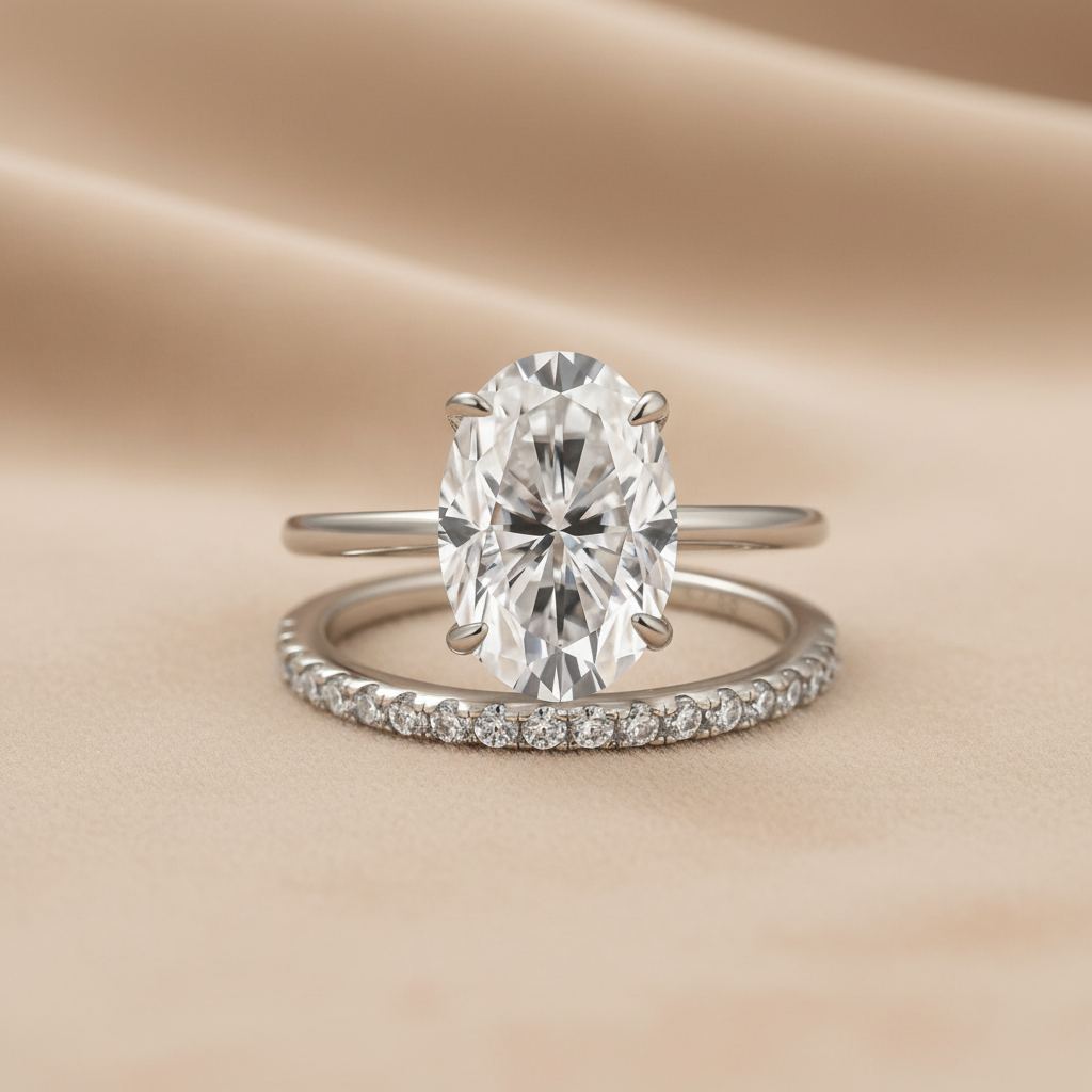 Gelovely Moissanite 4.0 Ct Hidden Halo Solitaire Oval Cut White Gold Wedding Ring