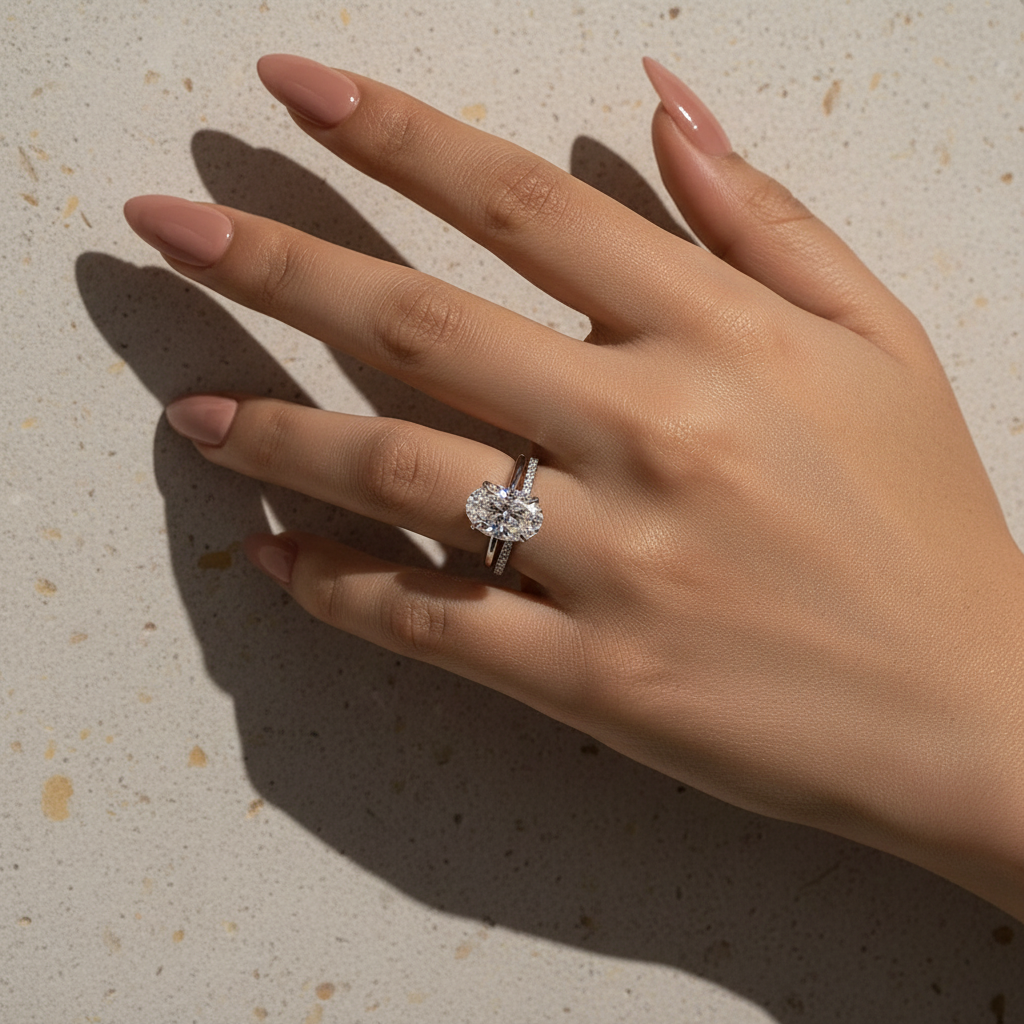 Gelovely Moissanite 4.0 Ct Hidden Halo Solitaire Oval Cut White Gold Wedding Ring