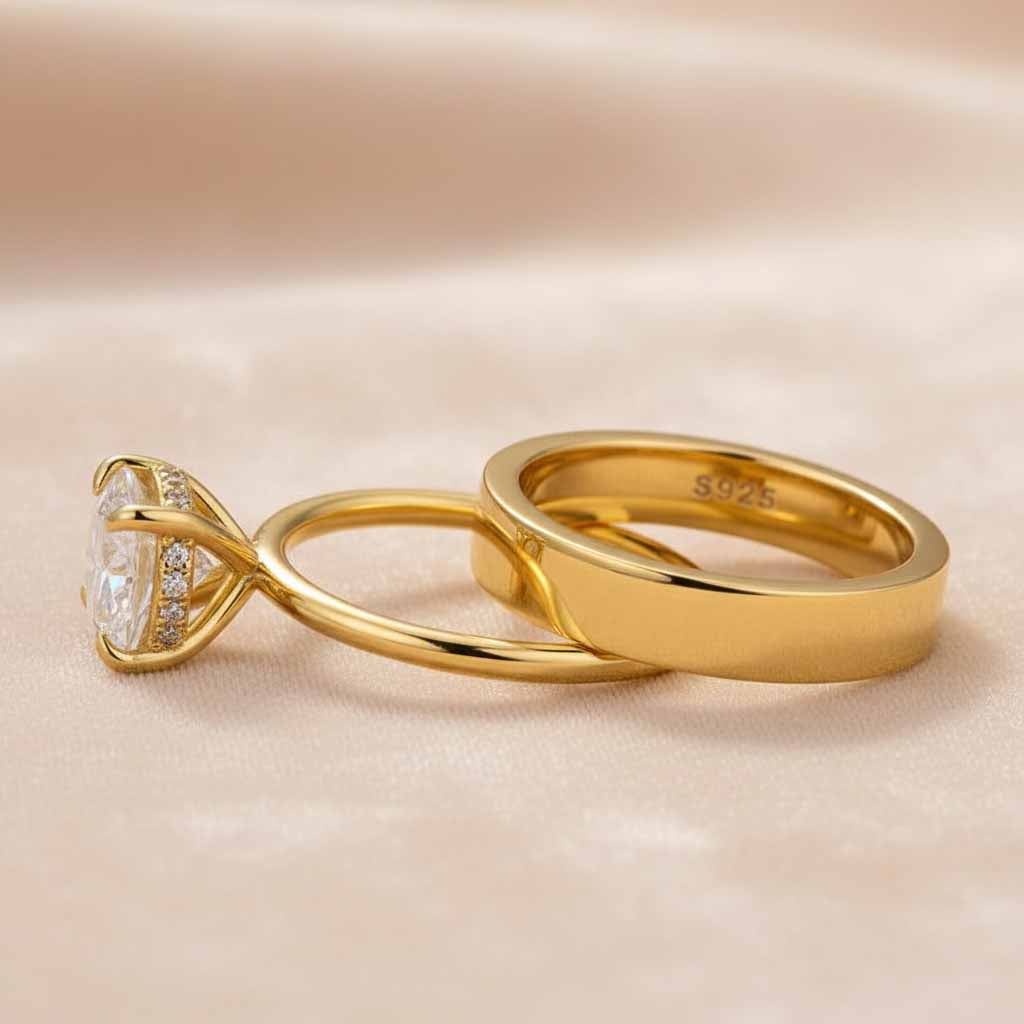 Gelovely Moissanite 2.0 Ct Round Cut Yellow Gold Wedding Ring Set with Wide Band