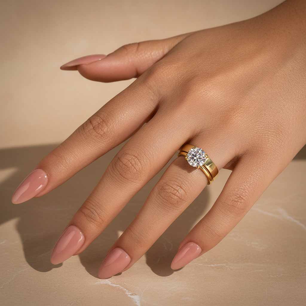 Gelovely Moissanite 2.0 Ct Round Cut Yellow Gold Wedding Ring Set with Wide Band