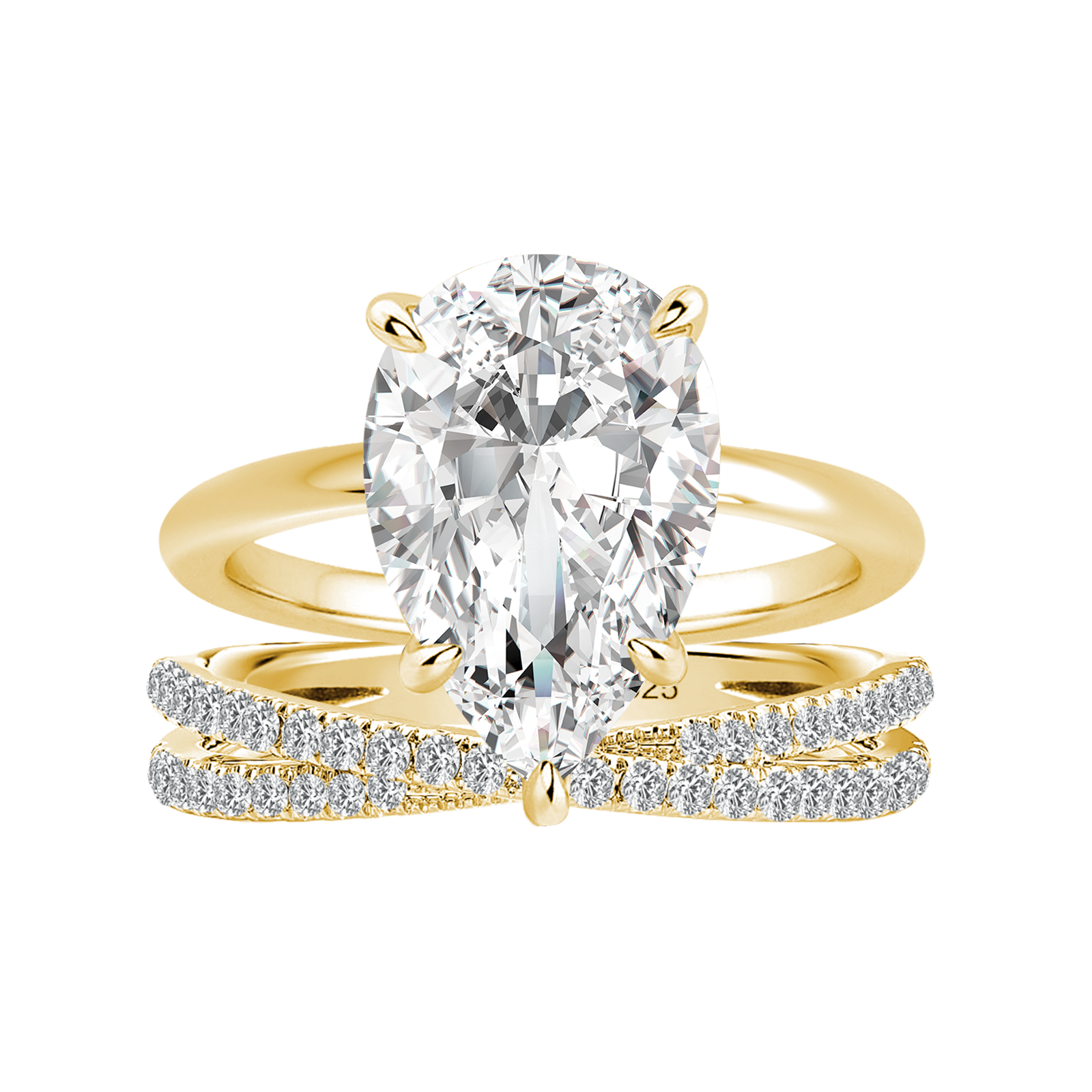 Moissanite 4.0 Ct Pear Cut Yellow Gold Wedding Ring With X Criss Cross Wedding Band