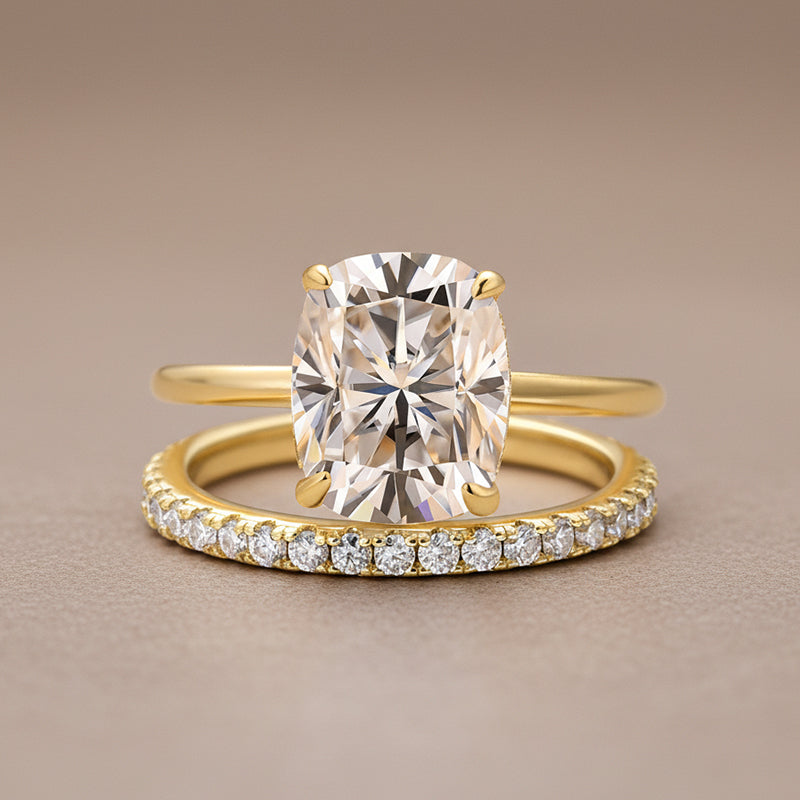 Moissanite 4.0 Ct Solitaire Cushion Cut Yellow Gold Wedding Ring Set