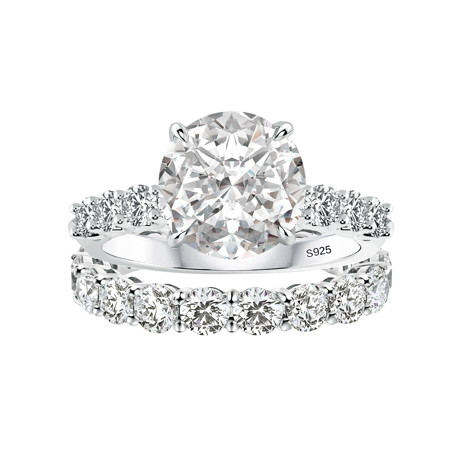 Moissanite 2.0Ct~4.0Ct Round Cut Side Stone White Gold Travel Bridal Set Holiday Ring Gift