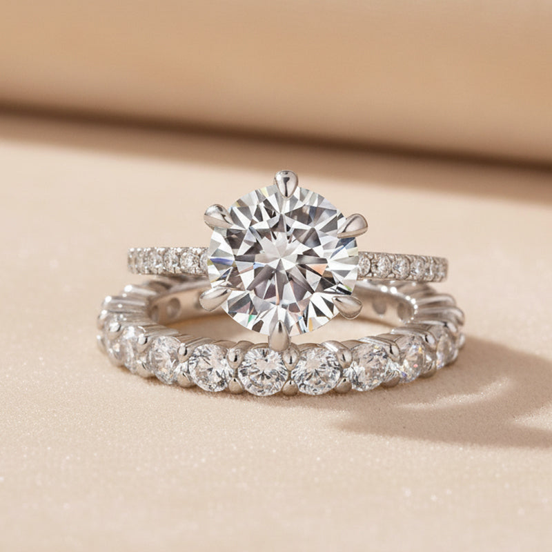 Moissanite 2.0Ct~4.0Ct Round Cut White Gold Wedding Ring Set