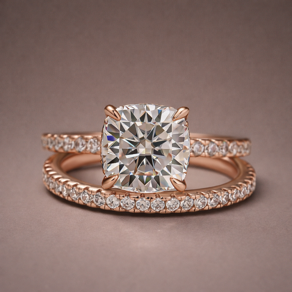 Moissanite 2.5Ct Cushion Cut Rose Gold Bridal Wedding Ring Set