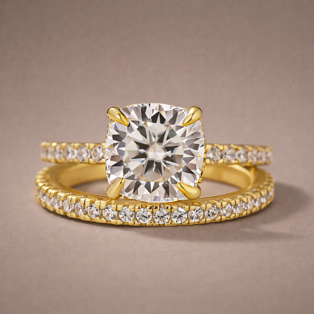 S925 Moissanite 2.5Ct Cushion Cut Yellow Gold Bridal Wedding Ring Set