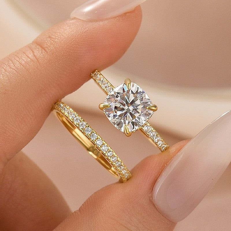 S925 Moissanite 2.5Ct Cushion Cut Yellow Gold Bridal Wedding Ring Set