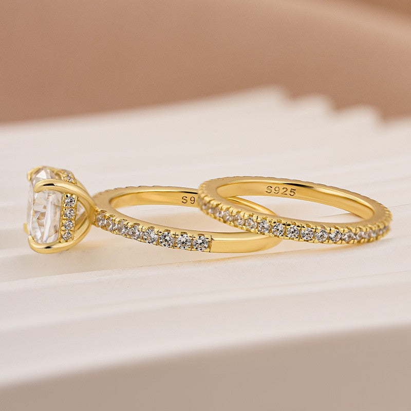 S925 Moissanite 2.5Ct Cushion Cut Yellow Gold Bridal Wedding Ring Set