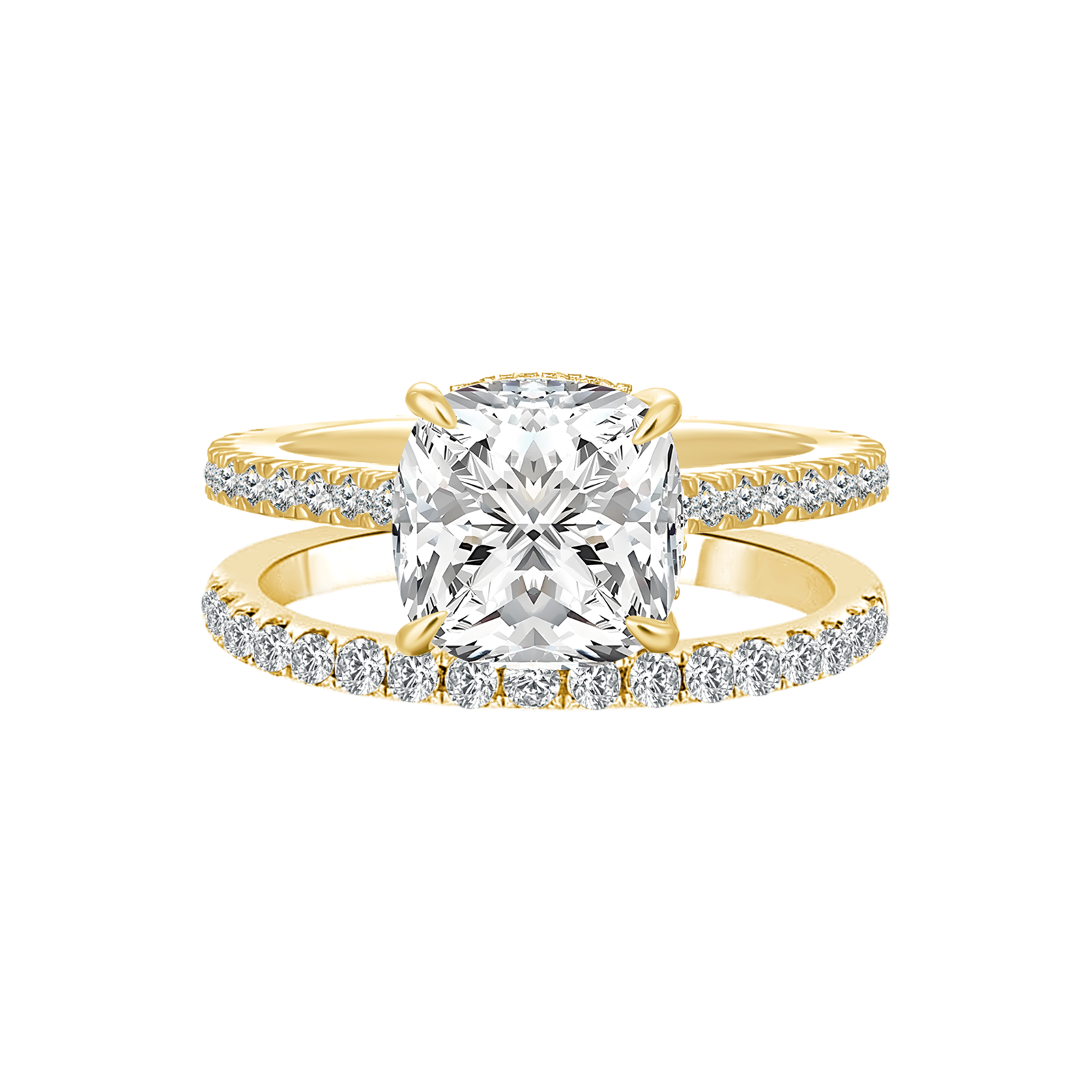 S925 Moissanite 2.5Ct Cushion Cut Yellow Gold Bridal Wedding Ring Set