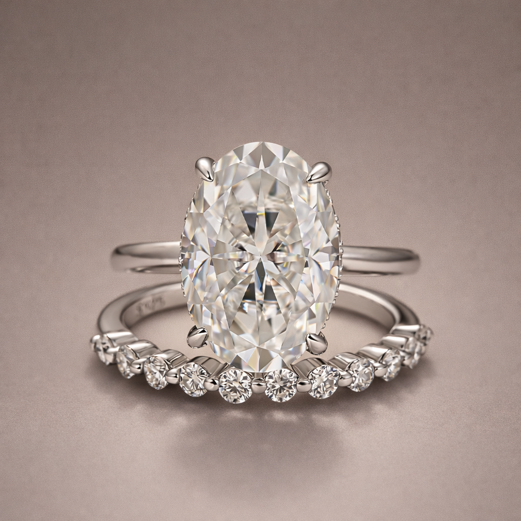 Solitaire 5.5Ct Oval Cut White Gold Moissanite Wedding Ring Set With Round Cut Wedding Band