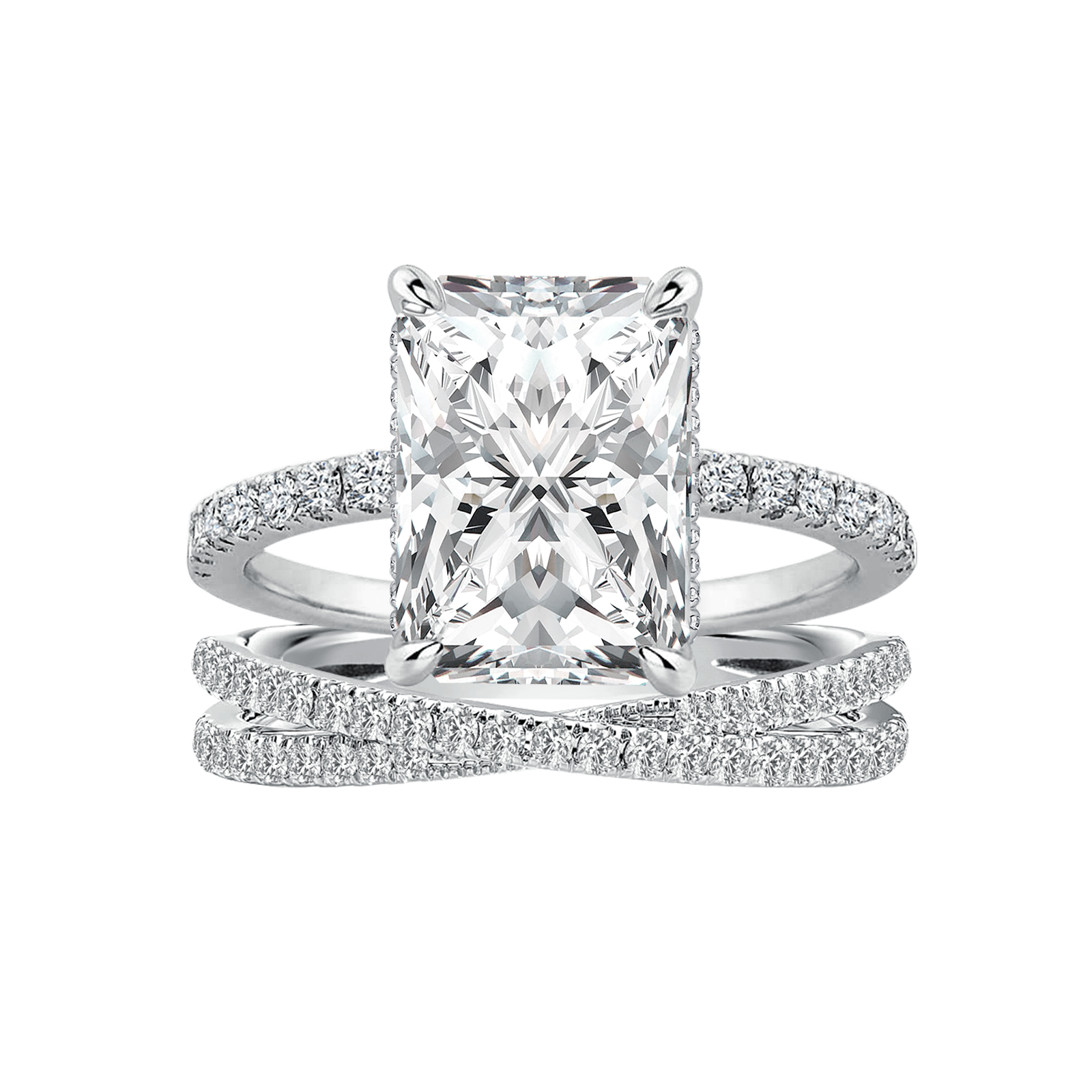 3.5 Ct Radiant Cut White Gold Moissanite Diamond Wedding Ring with Criss Cross Band