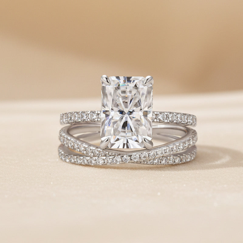 3.5 Ct Radiant Cut White Gold Moissanite Diamond Wedding Ring with Criss Cross Band