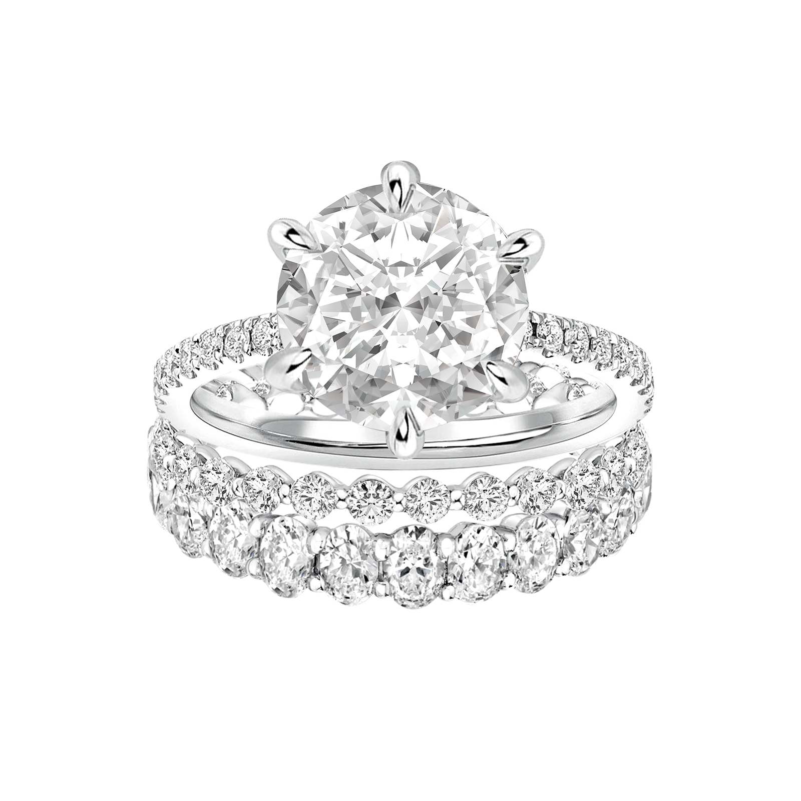Moissanite 3.0Ct Round Cut White Gold 3PC Travel Engagement Ring with Oval & Round Cut Wedding Band