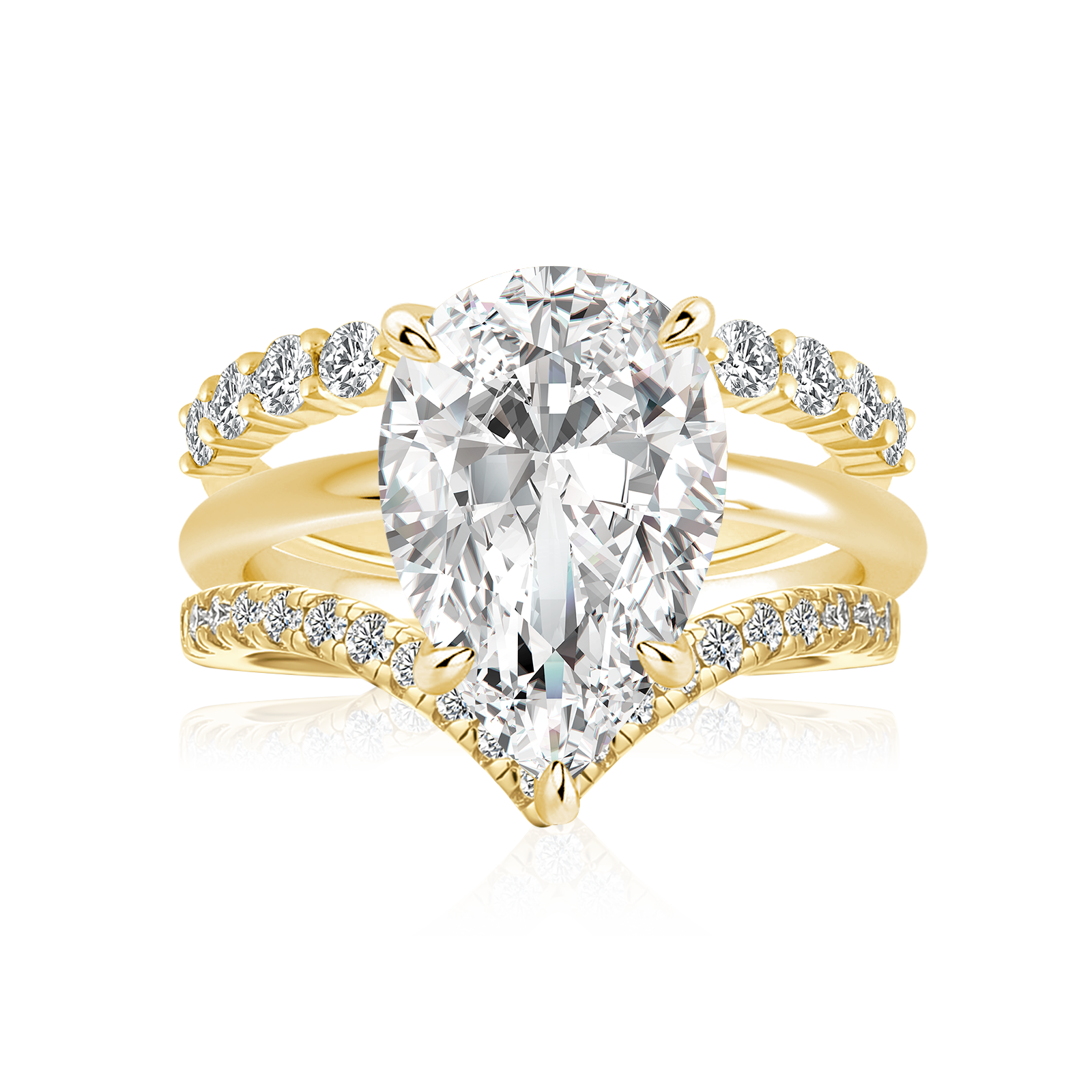 Moissanite 4.0Ct Solitaire Pear Cut Yellow Gold  Wedding Ring with V Contour Wedding Band