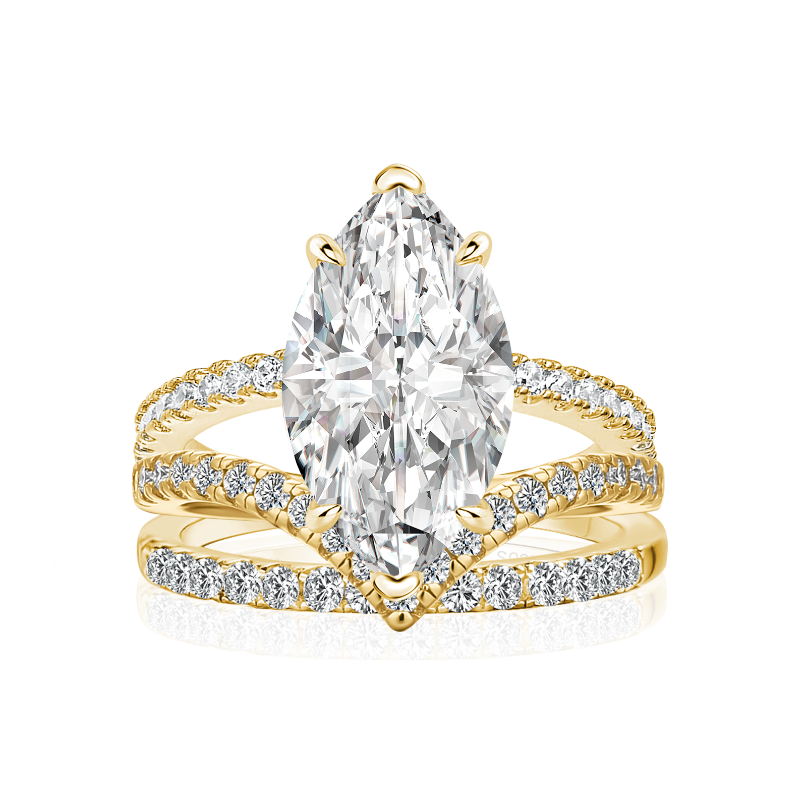 Moissanite 4.0Ct Marquise Cut Yellow Gold Wedding Ring with V Contour Wedding Band