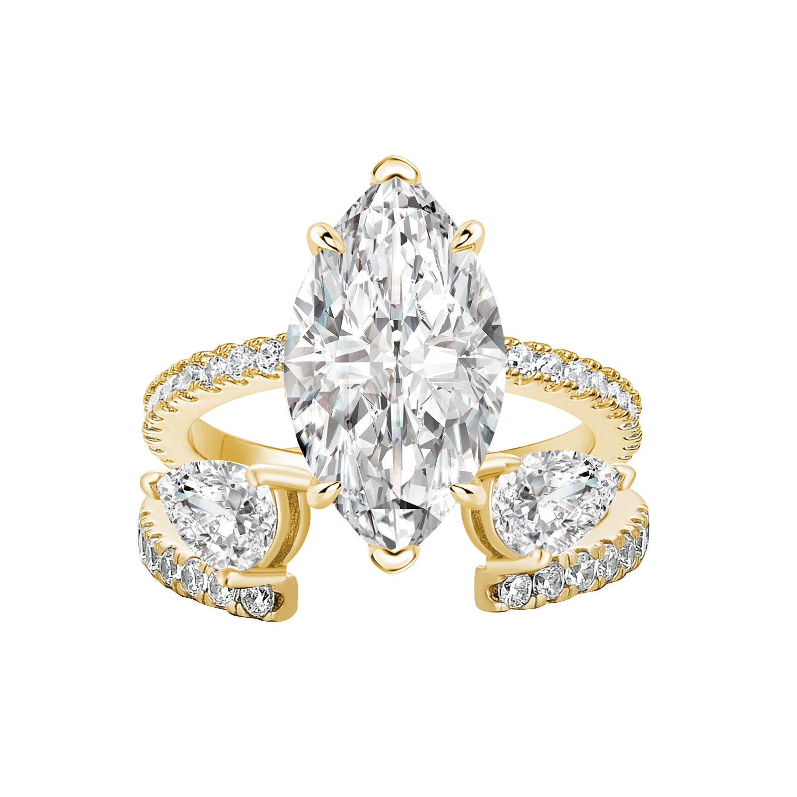 S925 Moissanite 4.0Ct Marquise Cut Yellow Gold Wedding Ring with Open Pear Cut Enhancer Ring