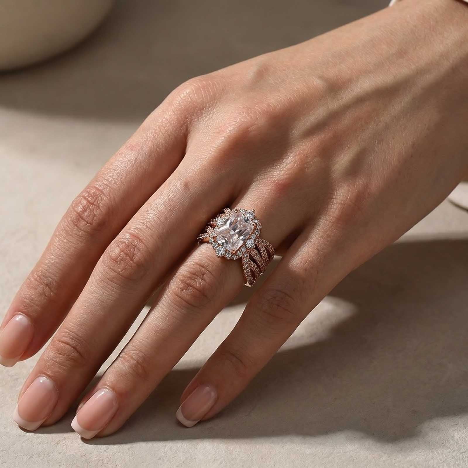 S925 Moissanite 3.0Ct Halo Radiant Cut Stack Wedding Ring with Enhancer Wedding Band