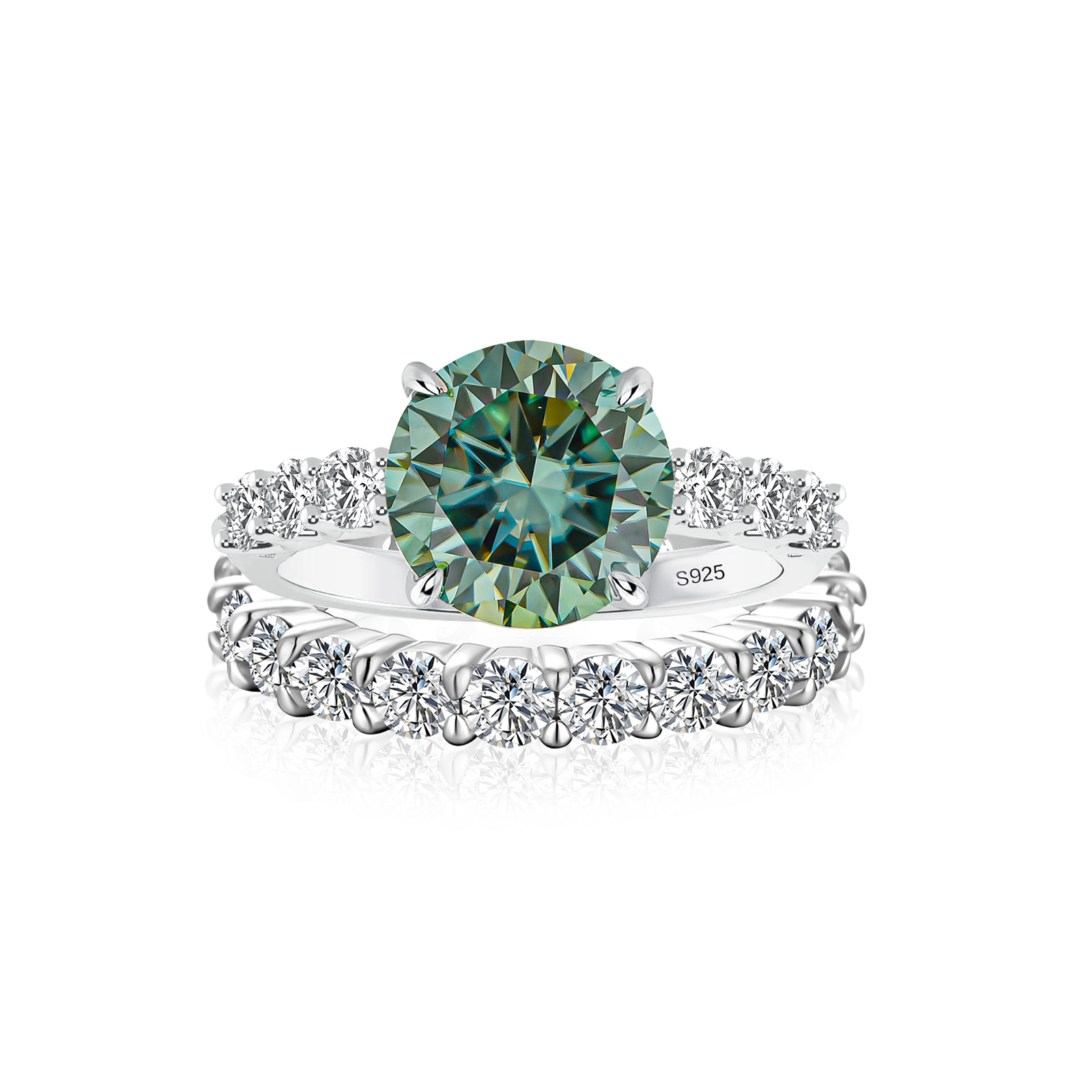 Moissanite 4.0Ct Turquoise Round Cut Side Stone White Gold Travel Bridal Set
