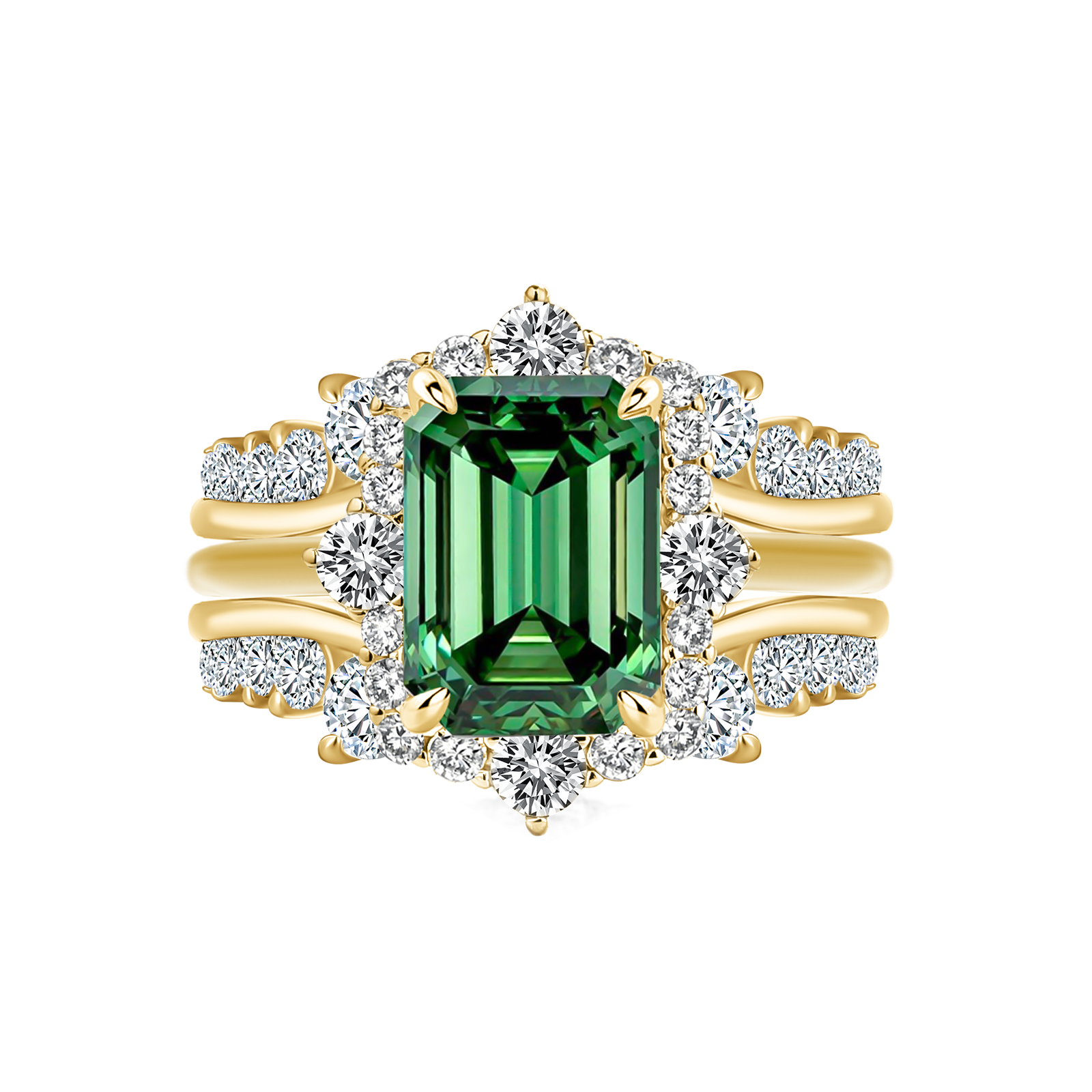 Moissanite 3.0Ct Yellow Gold Halo Emerald Stone Emerald Cut Engagement Ring with Enhancer Ring