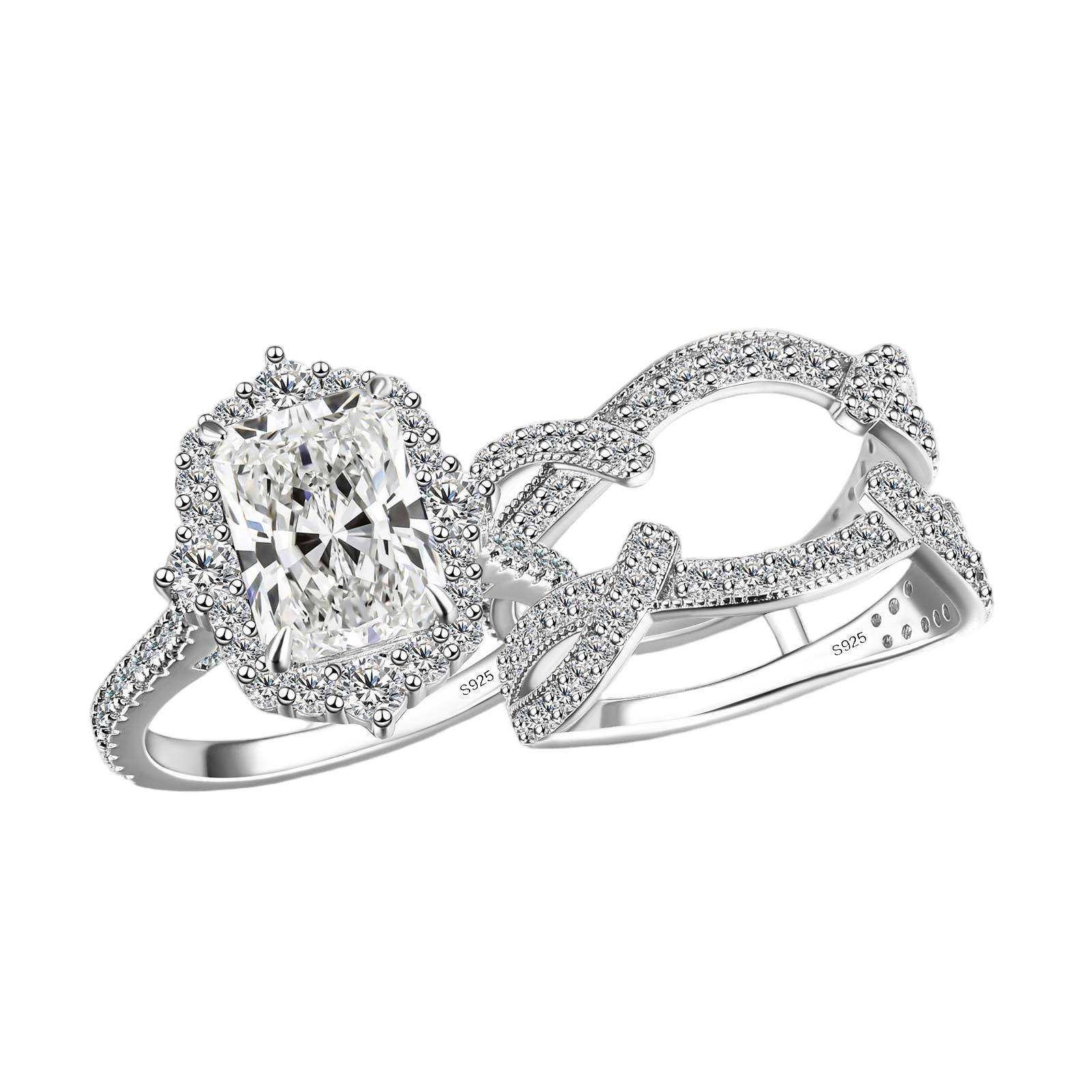 S925 Moissanite 3.0Ct Halo Radiant Cut Stack Wedding Ring with Enhancer Wedding Band