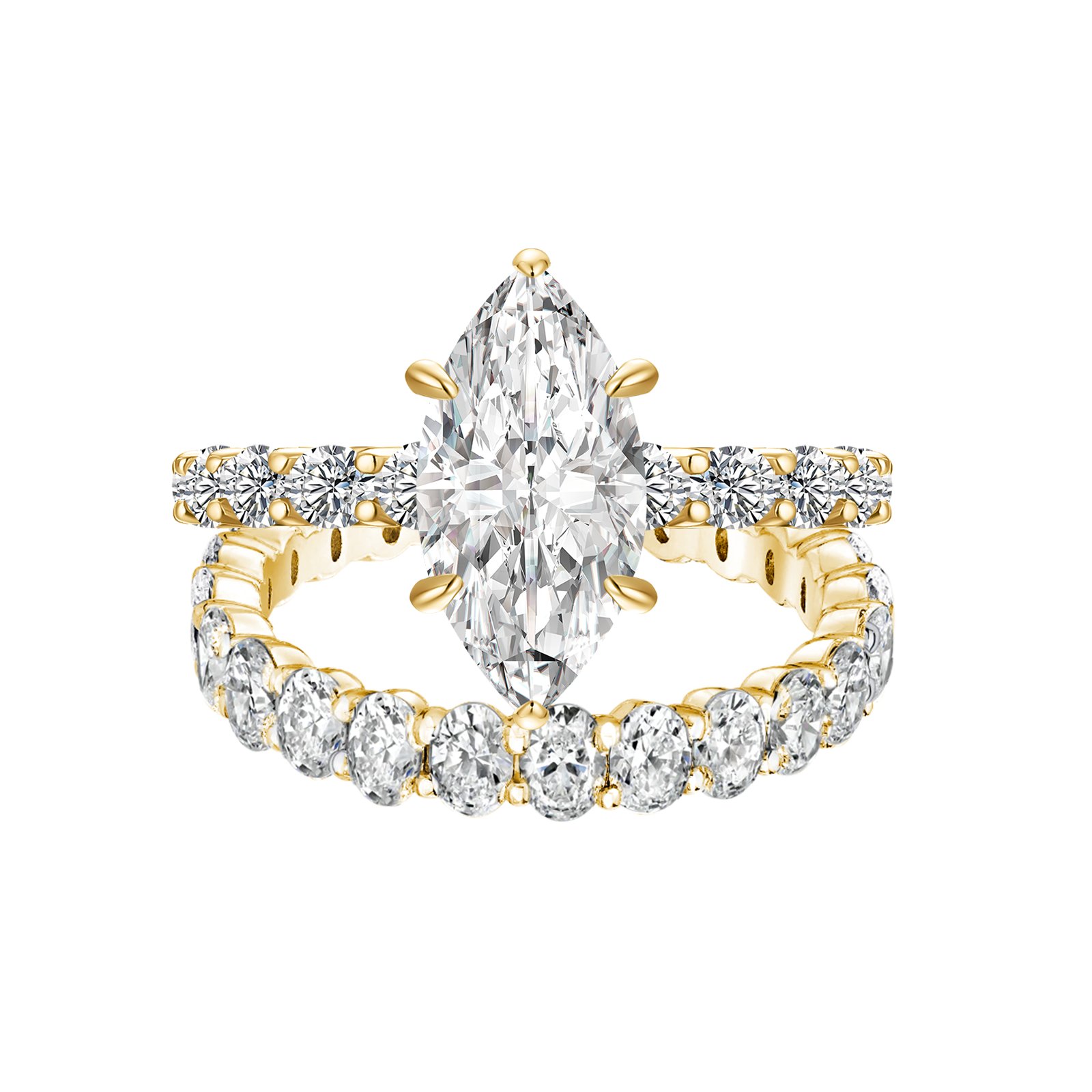 S925 Moissanite 3.0Ct Marquise Cut Yellow Gold Wedding Ring with Oval Cut Wedding Ring