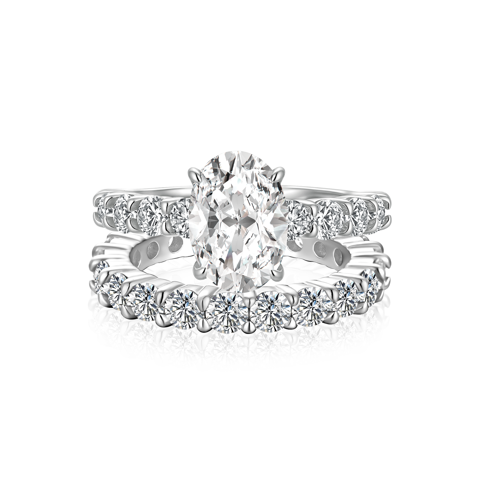 S925 Moissanite 3.0Ct Oval Cut Side Stone White Gold Engagement Ring & 2.5Ct Pavé Eternity Ring For Everyday Wear